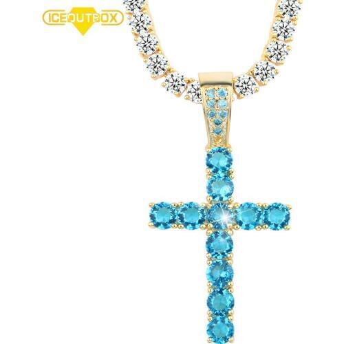 Hip Hop Alloy Gold Color Cross Pendant Necklace Religious Iced Out Crystal With Blue Necklace Jewelry For Men Free Cuban Chain