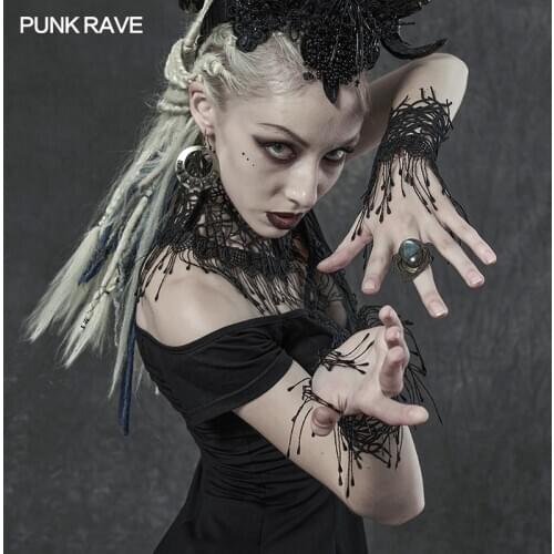 PUNK RAVE Womens Gothic Hollow Lace Stitched Gloves Neck Cover Three-piece Set Fashion Adjustable Size Tassels Lace Accessory