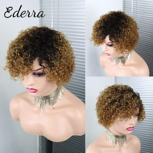 Brown Color Brazilian Curly Hair Wig With Bangs 150% Density Deep Wave Glueless Human Hair Wigs For Black Women No Lace Wig