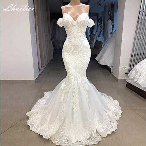 Lhuilier Elegant Womens Lace Mermaid Wedding Dresses 2021 Off the Shoulder Beaded Floor Length Bridal Dress Sweep Train