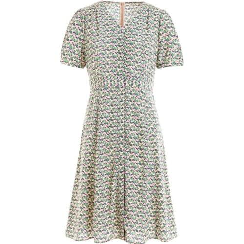 Gowani High Quality Silk Women Dress Casual High Waist Floral Printed V-neck Puff Sleeve A-line Dresses for Ladies Party Wear