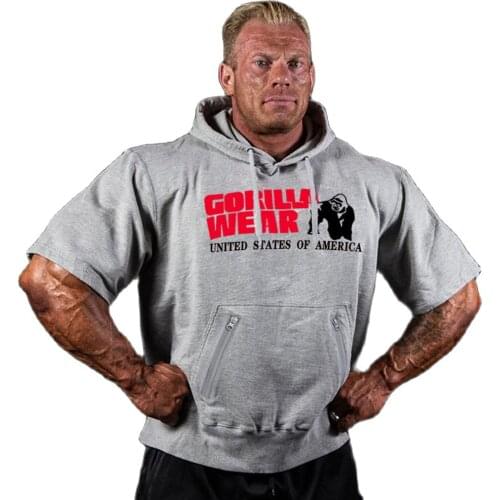 Casual Print Hoodies Short sleeve Sweatshirt Men Gym Fitness Workout Clothes Cotton Tops Autumn Hooded Pullover Brand Sportswear