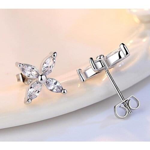 Stud Earrings Silver Color Geometric Four-leaf Clover Crystal Earrings For Women Four Horse-eye Zircon Earing Earings Jewelry