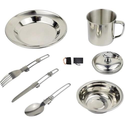 Stainless Steel Outdoor Camping Tableware Kit Dinner Plate Bowl Cup Spoon Fork Cutter with Storage bag Hiking Picnic Cooking
