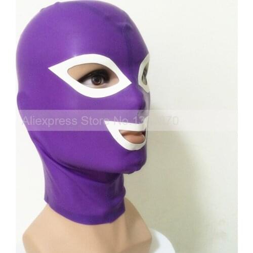 Unisex Sexy Natural Latex Hood Rubber Latex Purple And White Mask S-LM058