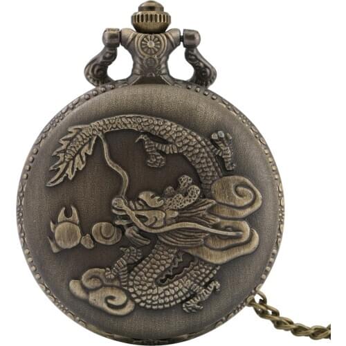 Vintage Bronze Flying Dragon Design Quartz Pocket Watch Full Hunter Necklace Retro Clock Fob Chain Pendant Pocket Watches