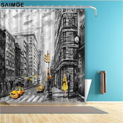 Shower Curtain with Hooks Oil Painting on Canvas Street View of New York Woman Under Umbrella Yellow Taxi Modern Bathroom Sets