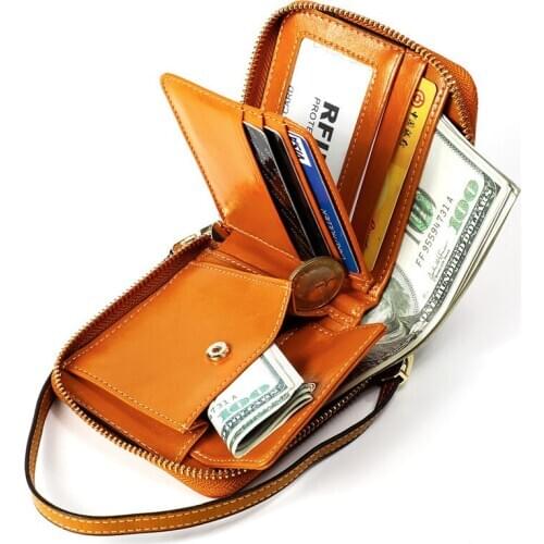 Women Wallet Zipper Coin Purse Fashion Oil Wax Cow Leather Female Wallet Small Purse Ladies Purses Card Holder Short Carteras