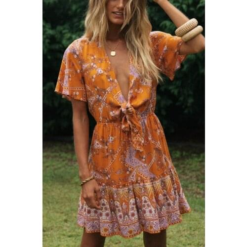 Happie Queens women floral print short sleeve bow deep v-neck ruffles beach Bohemian dress tassel rayon mini dress vestidos