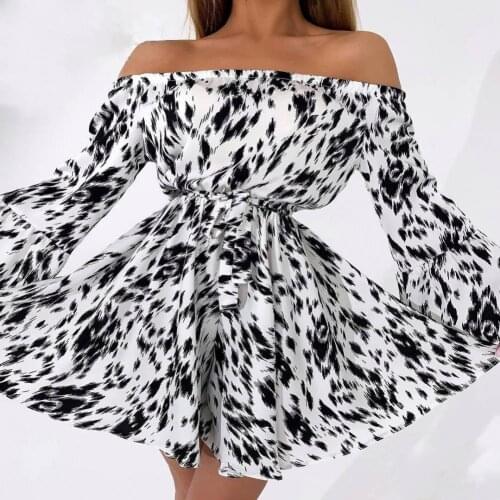 Ladies Dress Flare Sleeve Printing Off Shoulder High Waist Elegant Dress for Party Women A-line Wide Hem Dresses платье летнее