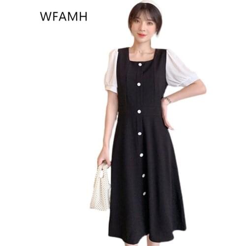 2021 summer new button dress large women fashion temperament square collar black and white lantern sleeves in long waist slim