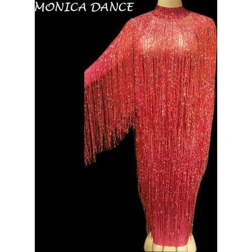 8 Colors Women Sexy Stage Net Yarn Dress Full Of Sparkle Tassel Nightclub Party Stage Wear Dancer Bling Dance Costumes