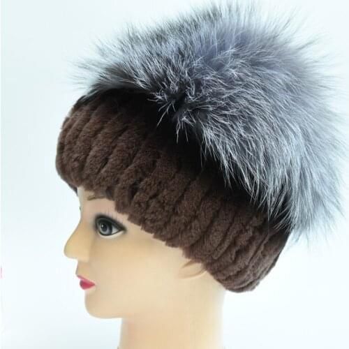 Winter beanies fur hat for women knitted 100% rex rabbit fur hat with fox fur flower top free size casual womens hat