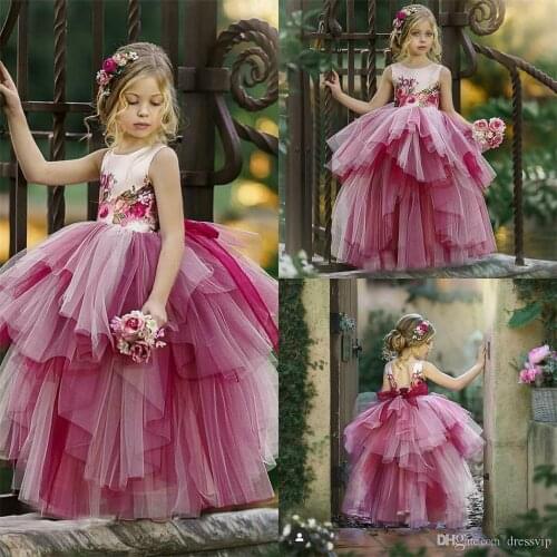 2021 Colorful Flower Girl Dresses for Wedding Tulle Appliqued Princess Girls Pageant Dress Tiered Skirt Custom Made Kids Birthda