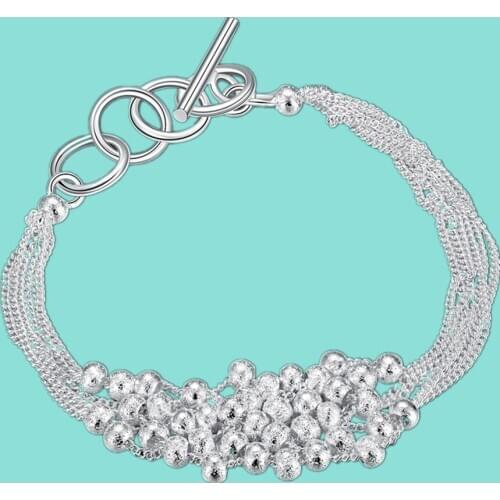 925 Sterling Silver Glossy Frosted Multi-threaded Beaded Bracelet Women Wedding Engagement Party Jewelry