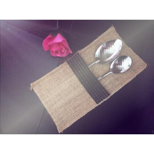 Black Diamond Rhinestones Silverware Holder Burlap Jute Hessian and Lace Wedding Decor Cutlery Bag Tableware Holder Pocket