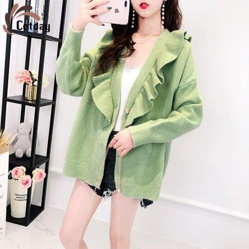 Cotday V Neck Lotus Leaf Edge Preppy Style Sweet Women Spring Green Loose Single Breasted New Jacket Knitted Cardigan Sweater