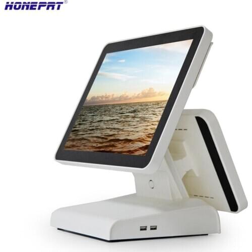 Good Quality 15inch Dual Screen POS Cash Register with RAM8GB,SSD128GB,with USB white 80mm printer