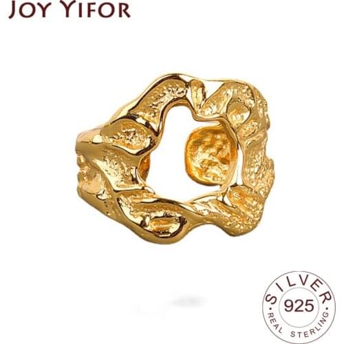 925 Sterling Silver New Hollowout Round Matte Gold Color Rings Retro Distressed Opening Handmade Ring Fashion Fine Jewelry