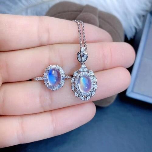 New style natural moonstone ring and necklace jewelry set for women 925 silver jewelry natural gem 6*8mm size birthstone gift