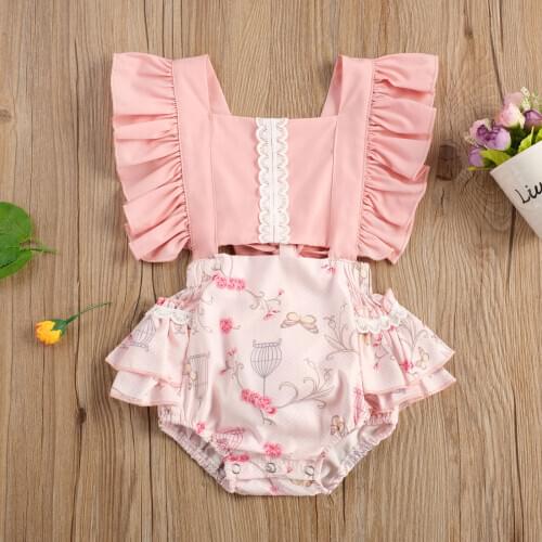 Pudcoco Newborn Baby Girl Clothes High Waist Hollow Flower Printed Ruffle Fly Sleeve Side Pocket Romper Jumpsuit Summer Baby