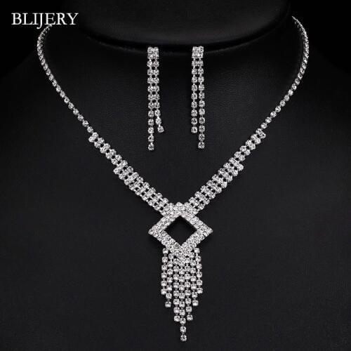 BLIJERY Simple Silver Plated Rhinestone Crystal Tassel Necklace Earrings Jewelry Set Bridesmaid Bridal Wedding Jewelry Sets