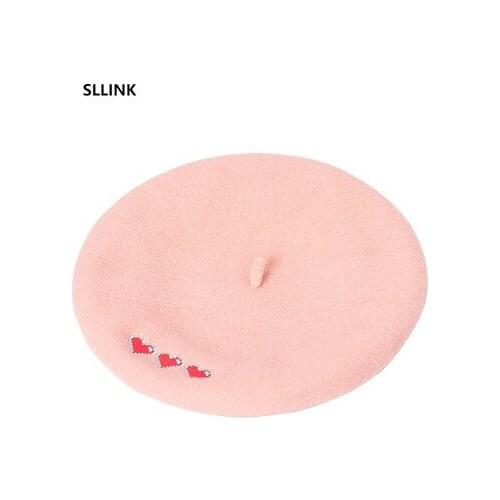 Korean autumn and winter new love embroidered wool tweed Beret painter Hat Womens warm fashion bud hat bonnets hats for women