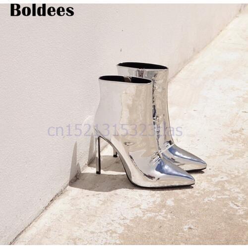 Fashion Mirror Leather High Heels Shoes Women Sexy Martin Boots Silver Nightclub Shoes Female Short Booties