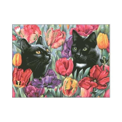 Cat Amongst The Tulips Cross Stitch Kits Top Quality Embroidery Needlework Sewing 14CT Unprinted DIY Handmade Art Decor