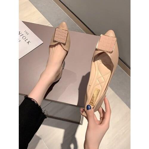 Pointed shallow mouth flat womens shoes spring and autumn new fashion metal decorative square buckle temperament single shoes