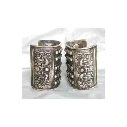 A PAIR Handcrafted Superb Jewelry flower carved phoenix tibetan miao bracelet Bangle