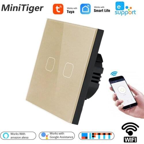 Minitiger Tuya/Smart Life/Ewelink WIFI 2 Gang 1 Way Switch Crystal Glass Panel Touch Wall Switch Smart Home Automation Wireless