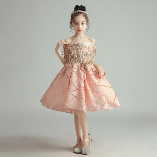 Flower Girl Dress Sequined Beading Embroidery Boat-Neck Short Princess Knee-Length Luxury Off The Shoulder Kids Party Gown H361