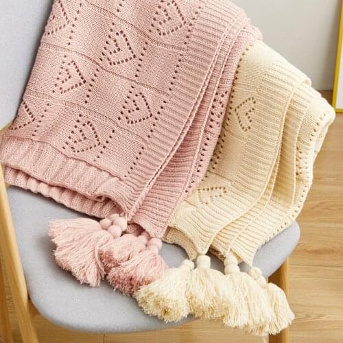 130X170cm Knitted Heart Pattern Tasseled Sofa Throw Modern style Blanket Spring Soft Bed Runner ins photographic Throw Blanket