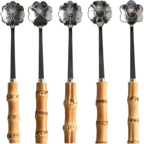 Rose Snowflake Clover Astragalus Sunflower Stainless Steel Bamboo Root Wood Cake Ice Cream Dessert Milk Tea Coffee Flower Spoon