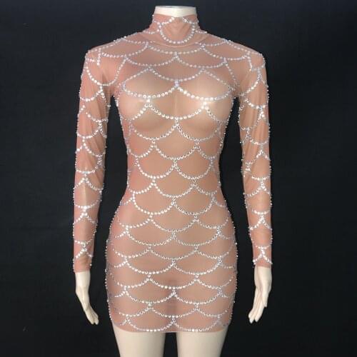 Silver Rhinestone Brown Mesh Transparent Dress Stretch Rhinestones Costume Outfit Women Dance Show Sexy Short Dress