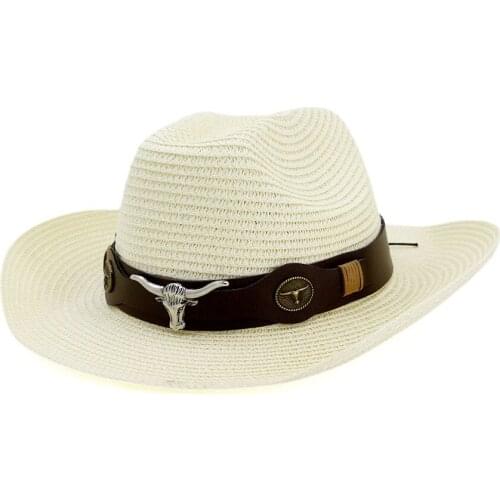 Mens Sun Hat Cowboy Retro Bull Head Summer Hat Ladies Breathable Beige White Belt British Straw Panama Hat