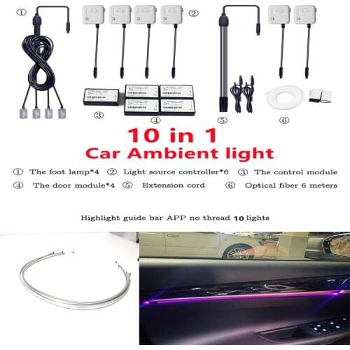 10 in 1 3W RGB LED Atmosphere Car Light Interior Decoration Acrylic Fiber Strip Light App Control Decorative Ambient Lamps
