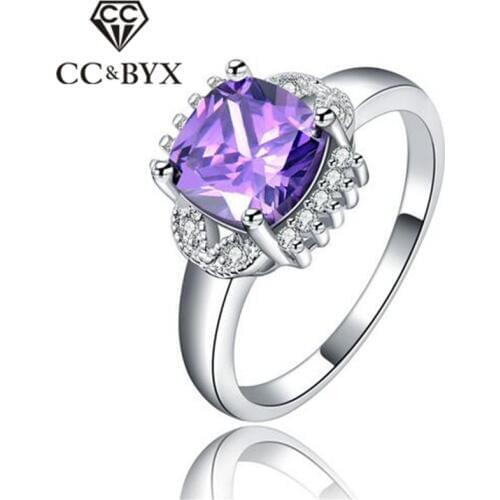 White Gold color Party Rings Purple Crystal Rings For Women Vintage Engagement Ring Fashion Jewelry CZ Accessory CC117