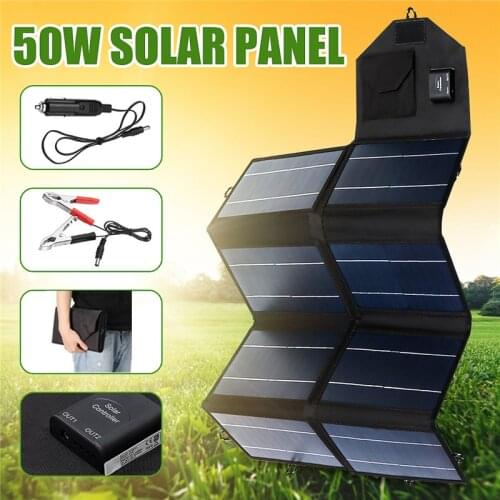 50W Solar Panel Charger DC 12V/3A 5V/2A Output Foldable Outdoor Dual USB Port Solar Panels Car Charger Phone Laptops Battery