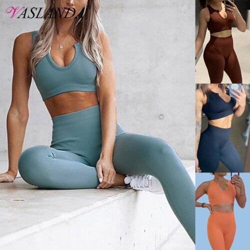 Womens Workout Sets 2 Pieces Yoga Outfits High Waisted Booty Leggings with Ribbed Sports Bra Running Suit Gym Fitness Activewear