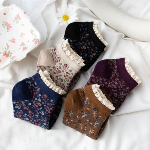 Girls Womens korean Style Lace Vintage Nordic Flower Ethnic Floral Cotton Harajuku Novelty No Show Low Cut Socks Kawaii Spring