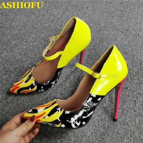 ASHIOFU New Style Womens High Heel Pumps Printing Leather Mary Janes Party Dress Shoes Evening Prom Fashion Pumps Court Shoes