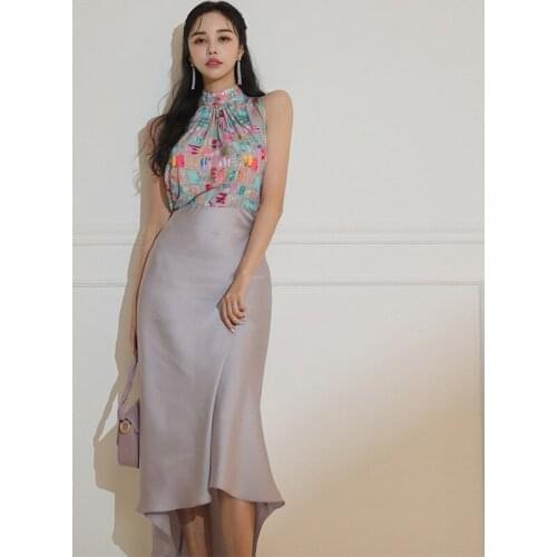 Vintage Sleeveless Lace Top Women OL Casual Asymmetrical Mermaid Long Skirt Stand Neck Loose Print Shirt Blouse 2 Pieces Set