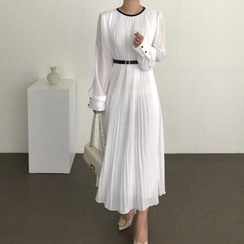 Elegant O-neck Full Sleeve Women Pleated Dress Office Ladies Lace-up Loose Midi-length Dress 2021 Autumn New Female Vestidos