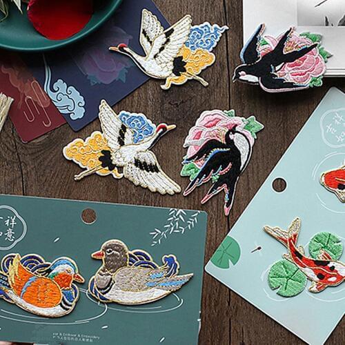2pcs in one set Fish Crane Swallow Patches for Clothes Bags DIY Applique Embroidery Parches Iron On Patch for Clothes Caps