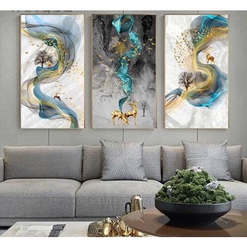 Abstract Golden Deer Painting Tableau Big Size Canvas Painting Blue Gold Prints and Posters Wall Pictures for Living Room Decor