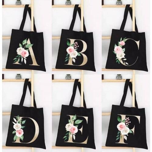 Alphabet Flower Printed Canvas Black Shopping Totes Reusable Shoulder Bags BookBag Gift Handbag Eco Shopper Travel Storage Pouch