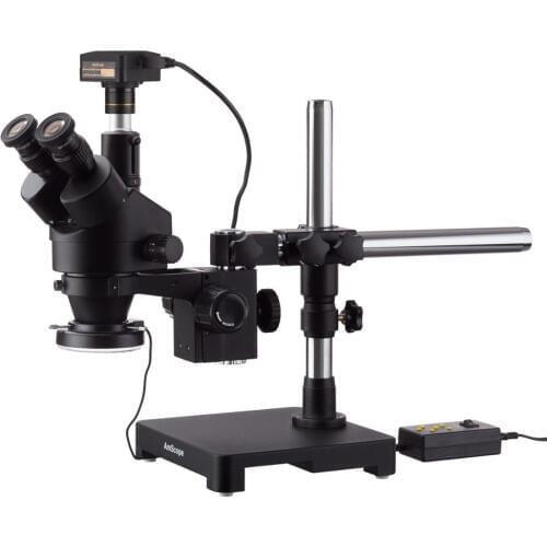3.5X-45X Black Trinocular Stereo Zoom Microscope on Single Arm Boom Stand + 144 Direction Adjustable LED Ring Light & USB2.0 14M