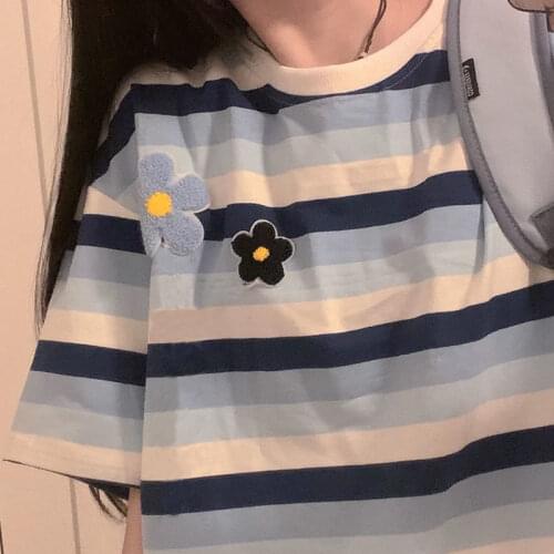 Cute Hip Hop Women Striped T-Shirt Loose Summer Oversize Female Flowers Tops Tees Funny Japan Harajuku High Street T Shirt Femme